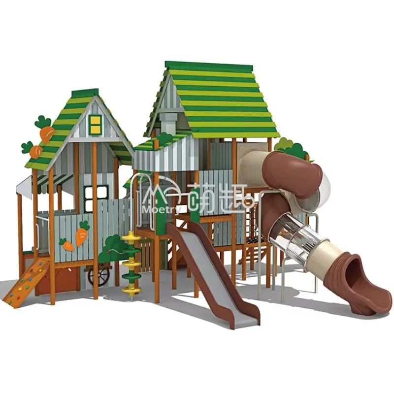 Outdoor Adventure Farm - モエトリーキッズ キャロットファクトリー テーマ 屋外木製プレイハウス アドベンチャープレイグラウンド スライド