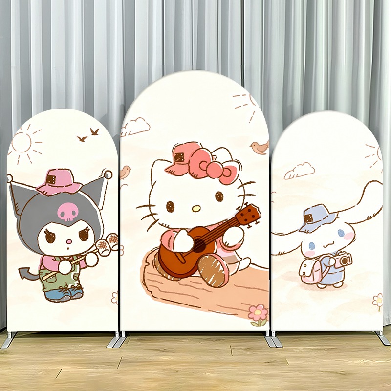 Outdoor Adventure Birthday Party - 2Dフラットアーチ型背景幕カバー シングルレイヤー ノンストレッチ生地 ハローキティと仲間たち 屋外冒険背景 パーティー用