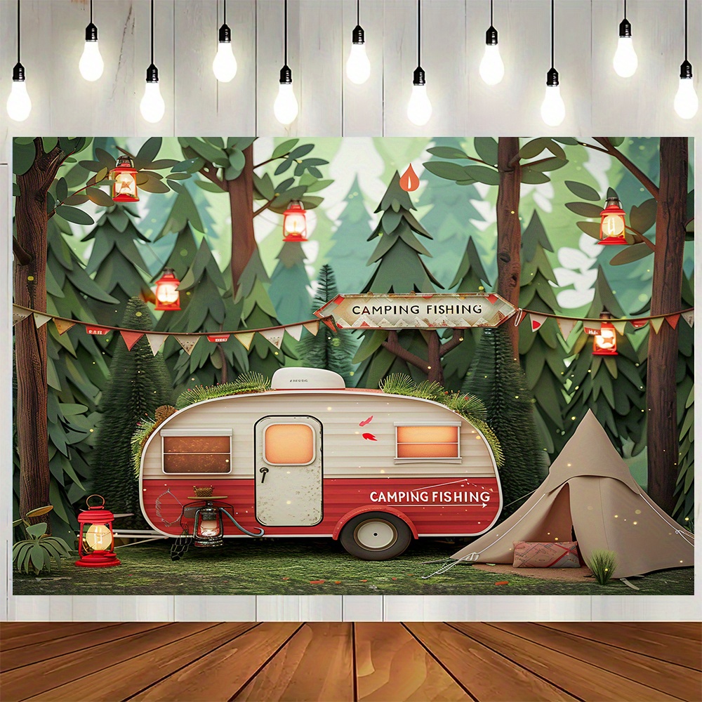 ポリエステルジャングルキャンプのテーマの背景,RVとテント, - Outdoor Adventure Birthday Party のレビューと価格