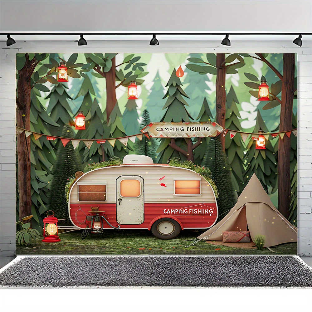 ポリエステルジャングルキャンプのテーマの背景,RVとテント, - Outdoor Adventure Birthday Party のレビューと価格