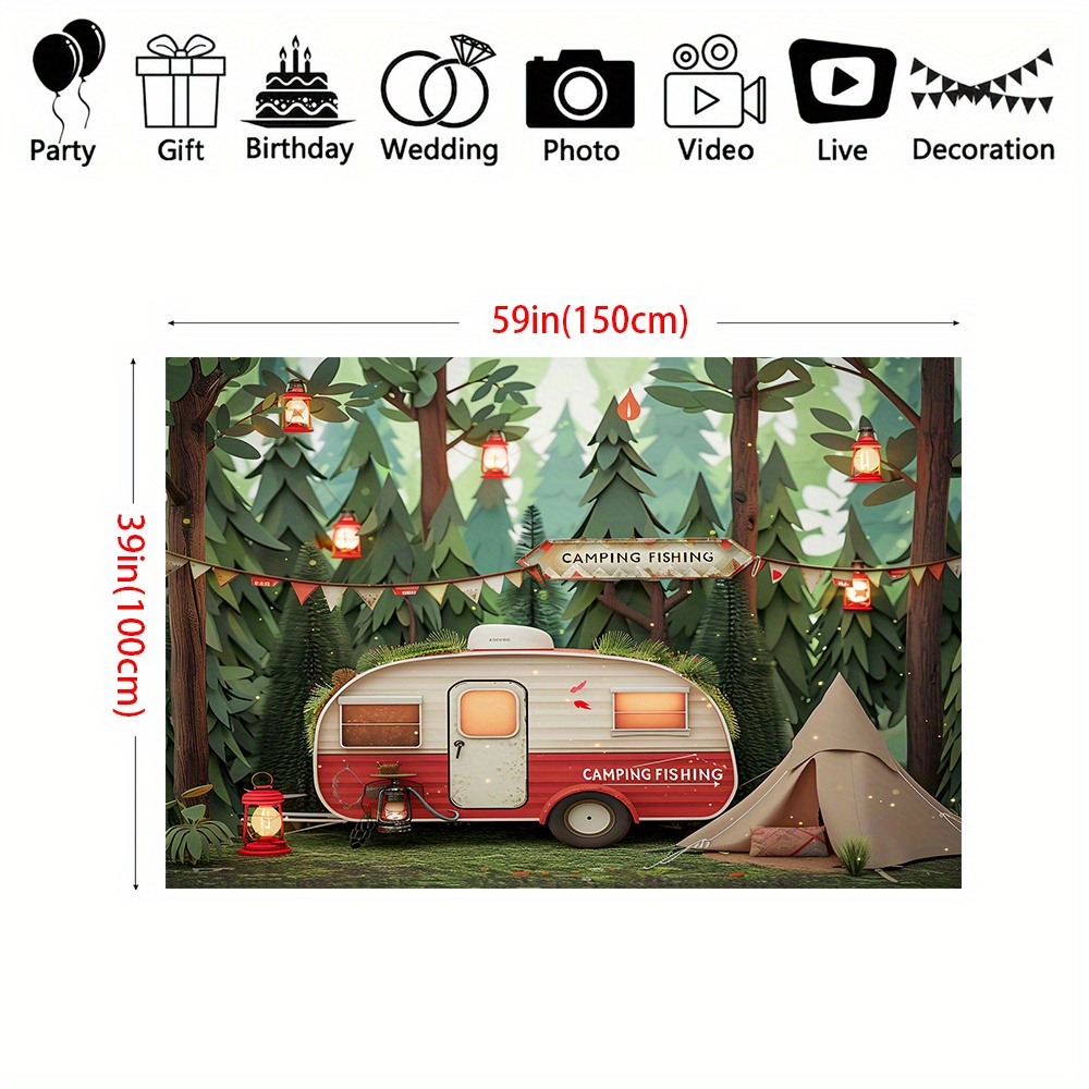 ポリエステルジャングルキャンプのテーマの背景,RVとテント, - Outdoor Adventure Birthday Party のレビューと価格